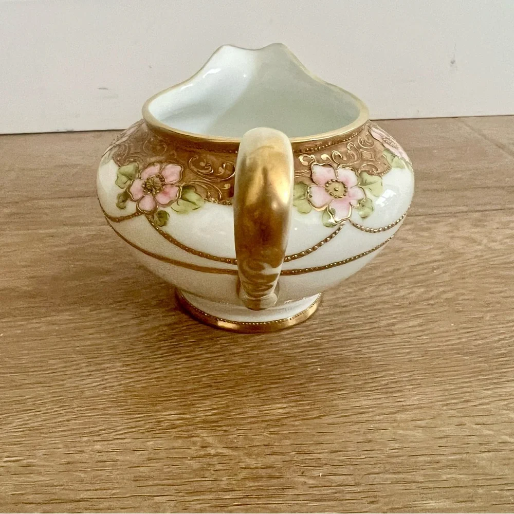 Antique 1910 Handpainted RC Nippon Porcelain Pitcher Creamer Gold beads Flowers‎